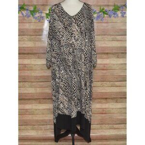 Catherines Brown Abstract Print Dress Pockets 3X 26W 28W Asymmetric Hem V-Neck
